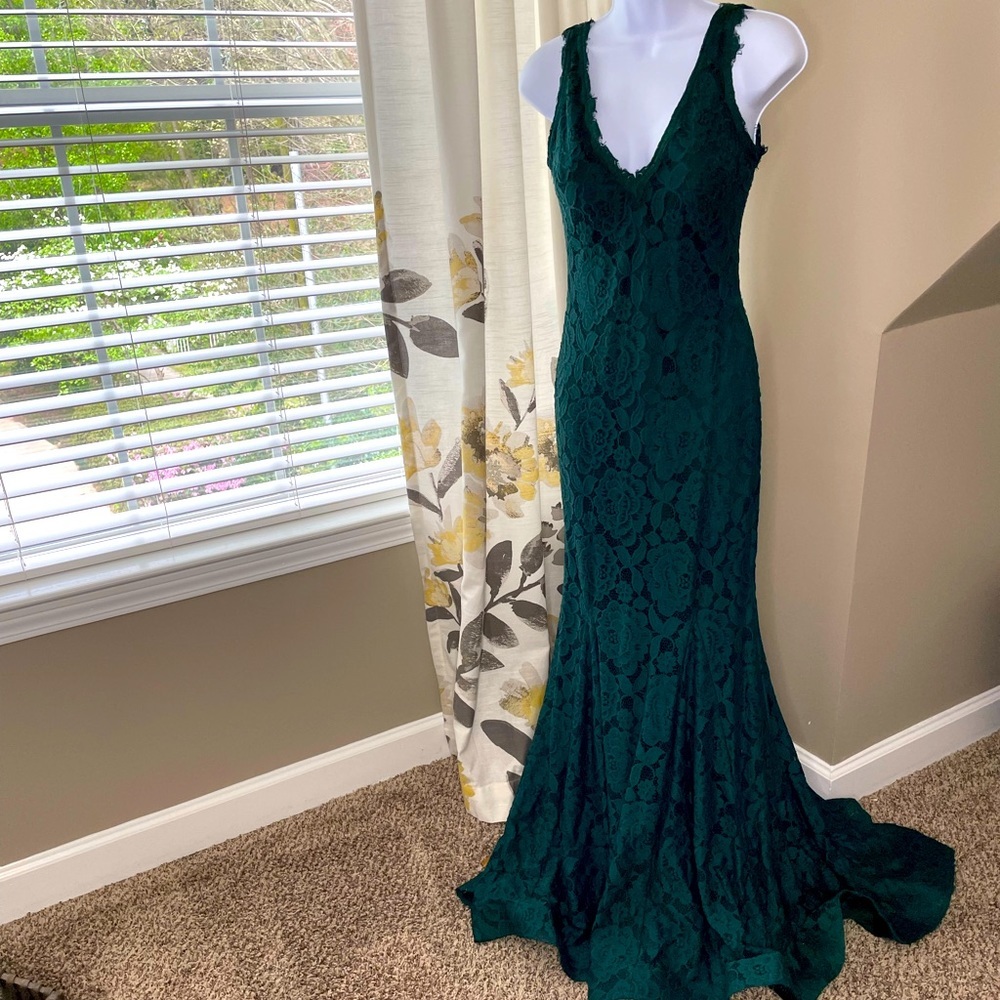 Betsy & Adam Prom Full Length Dark Green Lace Gown Size 6